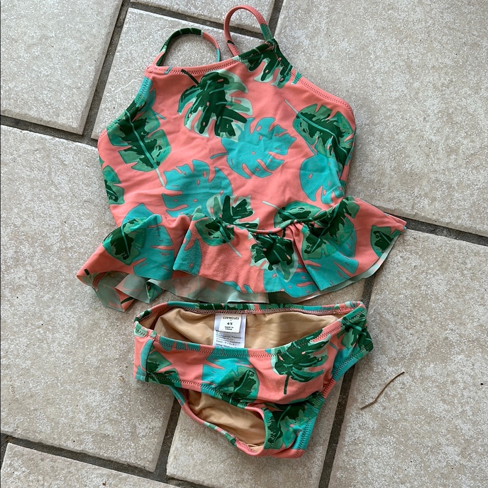 Crewcuts Pink and Green Leaf Swimsuit